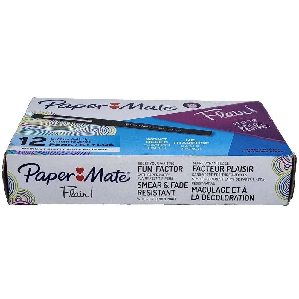 Paper Mate Flair Felt Tip Pens, Medium Point 0.7mm Black (12 Pens)